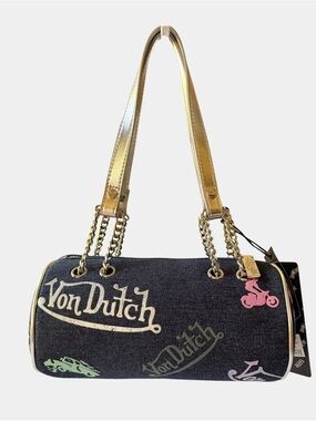 Von Dutch Dark Denim Barrel Bag with Silver Tine Straps